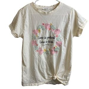 Bare Your Soul Cream “Love Is Patient” Embroidered Floral Tshirt Size Medium